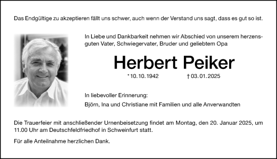 Traueranzeige von Herbert Peiker von Altmühl-Bote Lokal