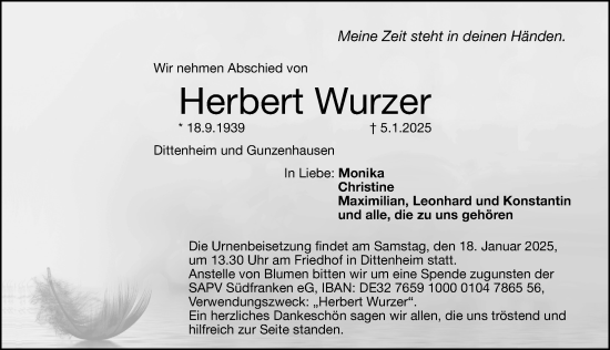 Traueranzeige von Herbert Wurzer von Altmühl-Bote Lokal