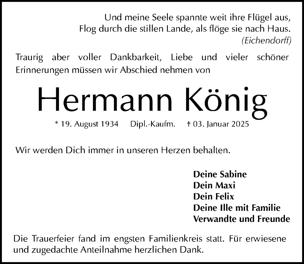  Traueranzeige für Hermann König vom 11.01.2025 aus Gesamtausgabe Nürnberger Nachrichten/ Nürnberger Ztg.