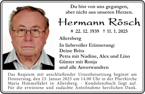 Traueranzeige von Hermann Rösch von Roth-Hilpoltsteiner Volkszeitung Lokal