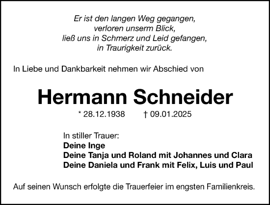 Traueranzeige von Hermann Schneider von Gesamtausgabe Nürnberger Nachrichten/ Nürnberger Ztg.