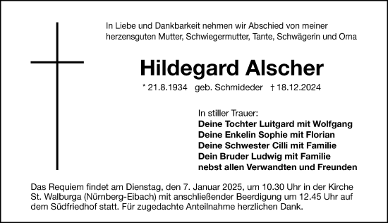 Traueranzeige von Hildegard Alscher von Gesamtausgabe Nürnberger Nachrichten/ Nürnberger Ztg.