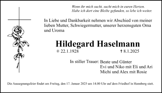 Traueranzeige von Hildegard Haselmann von Erlanger Nachrichten Lokal