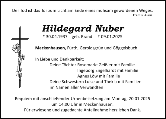 Traueranzeige von Hildegard Nuber von Roth-Hilpoltsteiner Volkszeitung Lokal