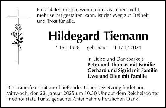 Traueranzeige von Hildegard Tiemann von Gesamtausgabe Nürnberger Nachrichten/ Nürnberger Ztg.