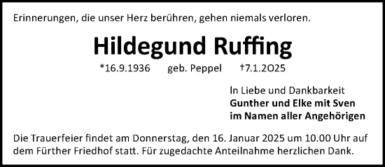 Traueranzeige von Hildegund Ruffing von Fürther Nachrichten Lokal