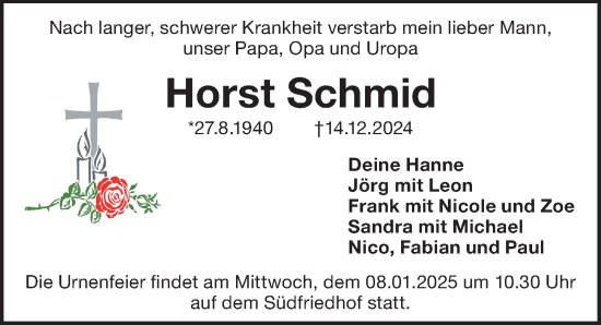 Traueranzeige von Horst Schmid von Gesamtausgabe Nürnberger Nachrichten/ Nürnberger Ztg.