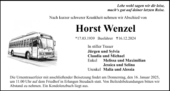 Traueranzeige von Horst Wenzel von Erlanger Nachrichten Lokal