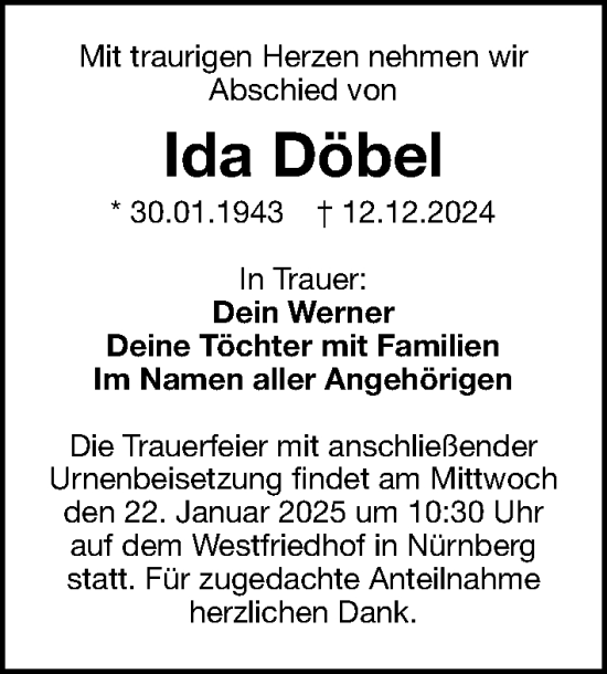Traueranzeige von Ida Döbel von Gesamtausgabe Nürnberger Nachrichten/ Nürnberger Ztg.