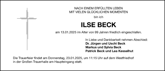 Traueranzeige von Ilse Beck von Gesamtausgabe Nürnberger Nachrichten/ Nürnberger Ztg.