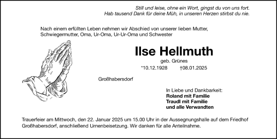 Traueranzeige von Ilse Hellmuth von Fürther Nachrichten Lokal