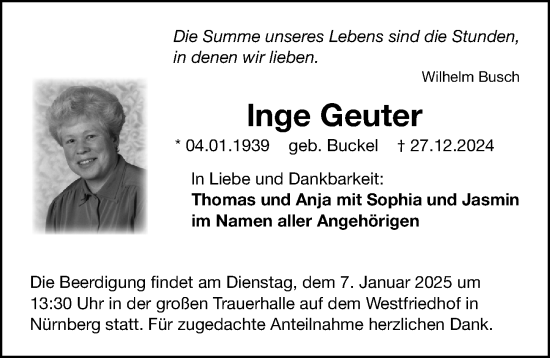 Traueranzeige von Inge Geuter von Gesamtausgabe Nürnberger Nachrichten/ Nürnberger Ztg.