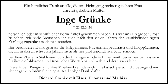 Traueranzeige von Inge Grünke von Erlanger Nachrichten Lokal
