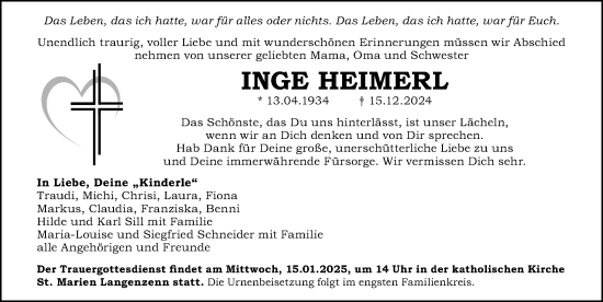 Traueranzeige von Inge Heimerl von Fürther Nachrichten Lokal