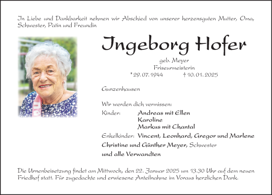 Traueranzeige von Ingeborg Hofer von Altmühl-Bote Lokal