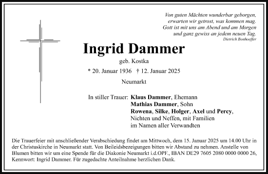 Traueranzeige von Ingrid Dammer von Neumarkter Nachrichten Lokal