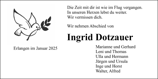 Traueranzeige von Ingrid Dotzauer von Erlanger Nachrichten Lokal