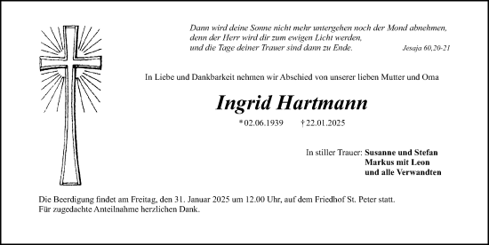 Traueranzeige von Ingrid Hartmann von Gesamtausgabe Nürnberger Nachrichten/ Nürnberger Ztg.