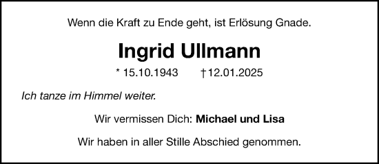 Traueranzeige von Ingrid Ullmann von Gesamtausgabe Nürnberger Nachrichten/ Nürnberger Ztg.