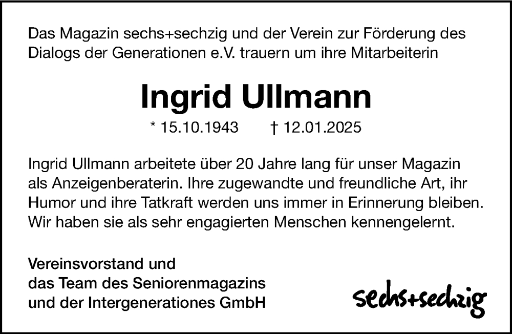  Traueranzeige für Ingrid Ullmann vom 25.01.2025 aus Gesamtausgabe Nürnberger Nachrichten/ Nürnberger Ztg.
