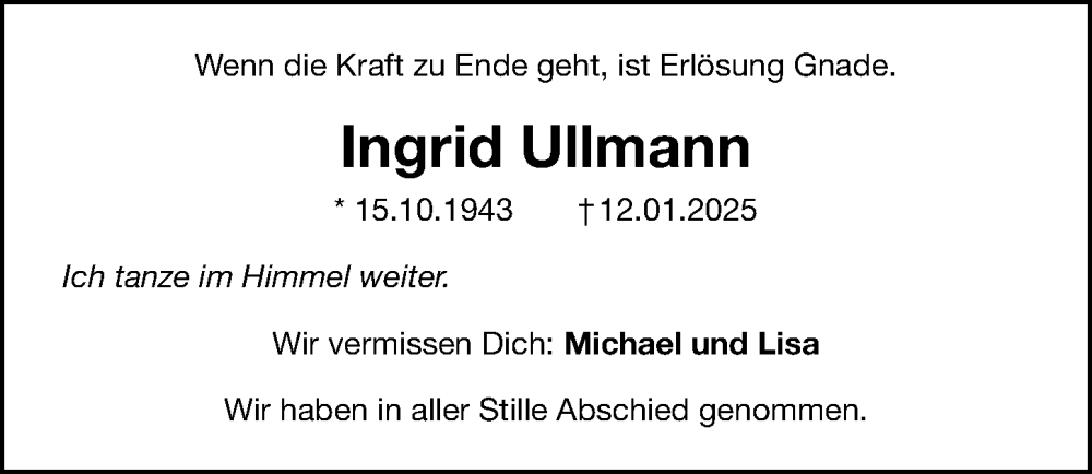  Traueranzeige für Ingrid Ullmann vom 18.01.2025 aus Gesamtausgabe Nürnberger Nachrichten/ Nürnberger Ztg.