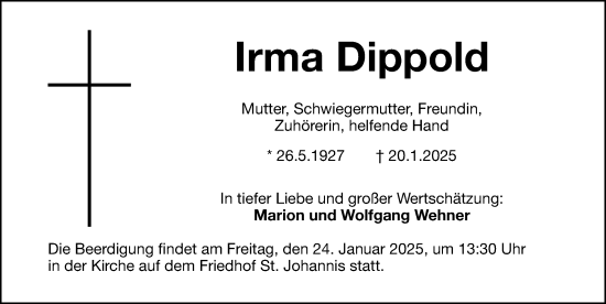 Traueranzeige von Irma Dippold von Gesamtausgabe Nürnberger Nachrichten/ Nürnberger Ztg.