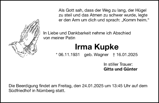 Traueranzeige von Irma Kupke von Gesamtausgabe Nürnberger Nachrichten/ Nürnberger Ztg.