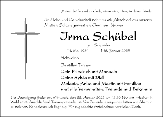 Traueranzeige von Irma Schübel von Altmühl-Bote Lokal