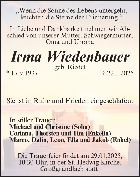 Traueranzeige von Irma Wiedenbauer von Fürther Nachrichten/ Gesamtausgabe Nürnberger Nachrichten/ Nürnberger Ztg.