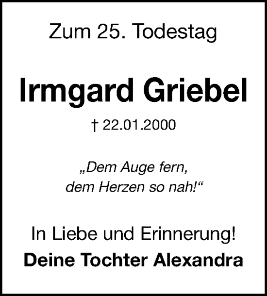 Traueranzeige von Irmgard Griebel von Erlanger Nachrichten Lokal