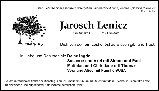 Traueranzeige von Jarosch Lenicz von Gesamtausgabe Nürnberger Nachrichten/ Nürnberger Ztg.
