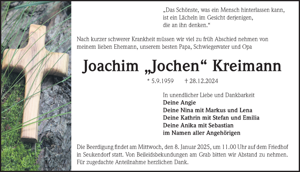  Traueranzeige für Joachim Kreimann vom 04.01.2025 aus Fürther Nachrichten Lokal