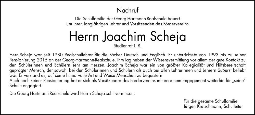  Traueranzeige für Joachim Scheja vom 11.01.2025 aus Nordbayerische Nachrichten Forchheim Lokal