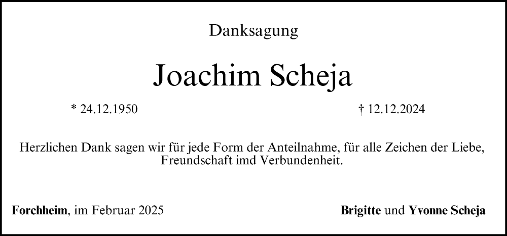  Traueranzeige für Joachim Scheja vom 01.02.2025 aus Nordbayerische Nachrichten Forchheim Lokal
