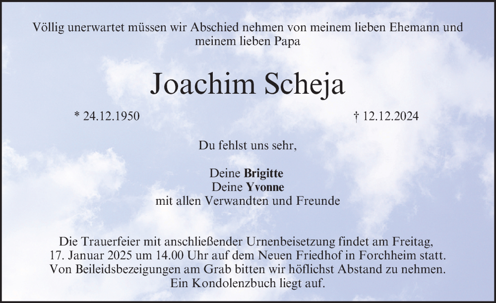  Traueranzeige für Joachim Scheja vom 11.01.2025 aus Nordbayerische Nachrichten Forchheim Lokal