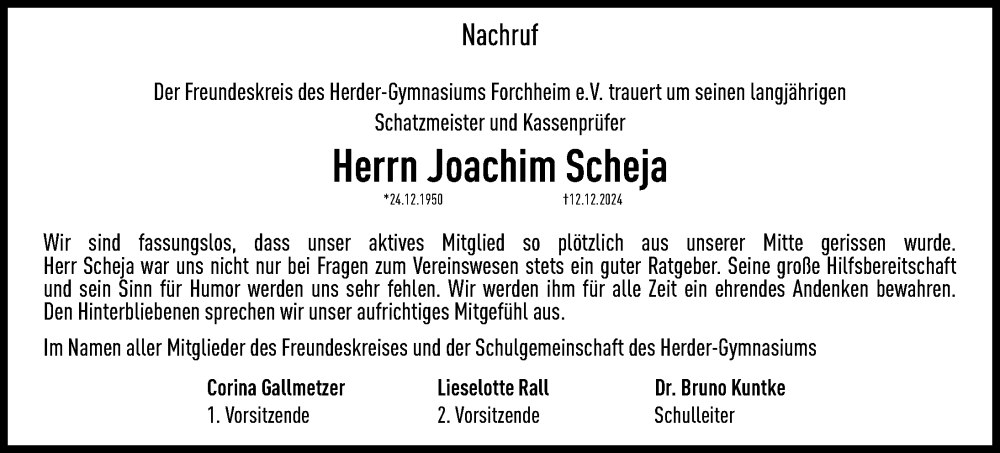  Traueranzeige für Joachim Scheja vom 15.01.2025 aus Nordbayerische Nachrichten Forchheim Lokal