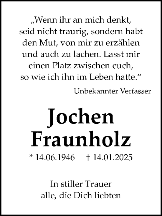 Traueranzeige von Jochen Fraunholz von Gesamtausgabe Nürnberger Nachrichten/ Nürnberger Ztg.