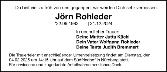 Traueranzeige von Jörn Rohleder von Gesamtausgabe Nürnberger Nachrichten/ Nürnberger Ztg.