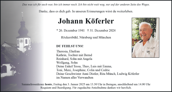 Traueranzeige von Johann Köferler von Neumarkter Nachrichten Lokal