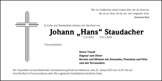 Traueranzeige von Johann Staudacher von Fürther Nachrichten Lokal