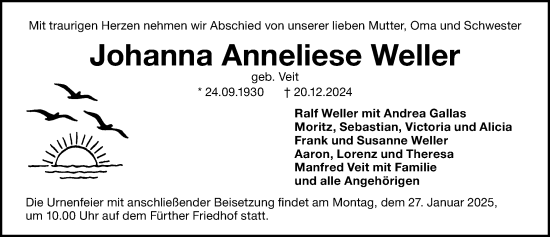 Traueranzeige von Johanna Anneliese Weller von Fürther Nachrichten Lokal