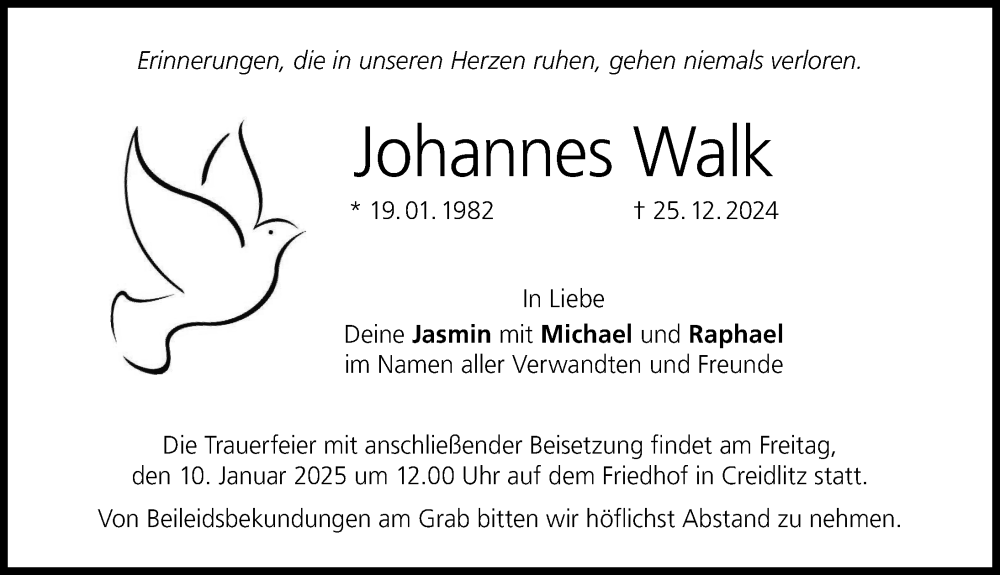  Traueranzeige für Johannes Walk vom 07.01.2025 aus Nordbayerische Nachrichten Forchheim Lokal