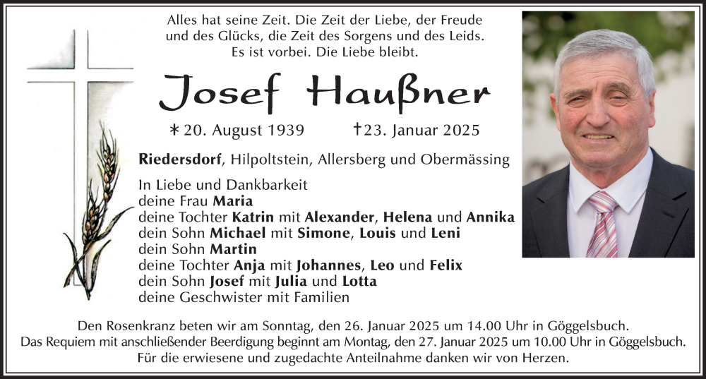  Traueranzeige für Josef Haußner vom 25.01.2025 aus Roth-Hilpoltsteiner Volkszeitung Lokal