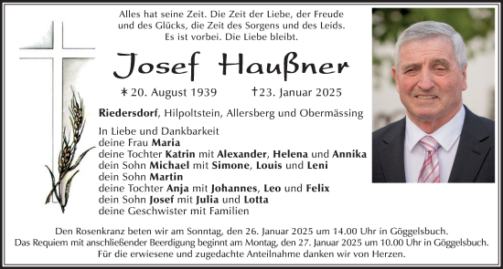 Traueranzeige von Josef Haußner von Roth-Hilpoltsteiner Volkszeitung Lokal