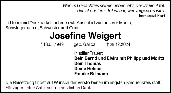 Traueranzeige von Josefine Weigert von Gesamtausgabe Nürnberger Nachrichten/ Nürnberger Ztg.