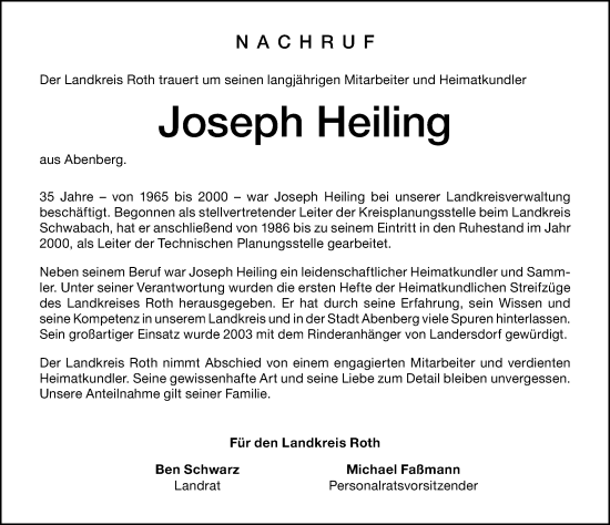 Traueranzeige von Joseph Heiling von Schwabacher Tagblatt Lokal