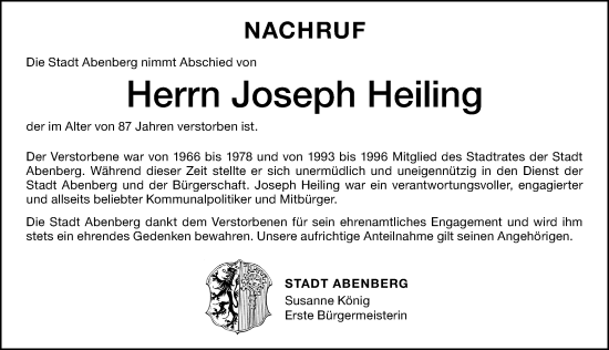 Traueranzeige von Joseph Heiling von Schwabacher Tagblatt Lokal