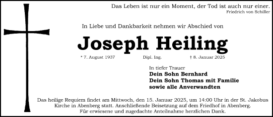 Traueranzeige von Joseph Heiling von HST,HRHV