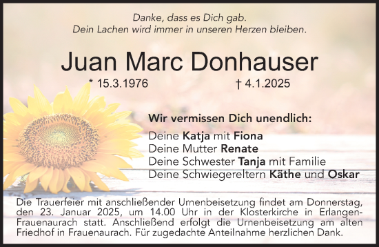 Traueranzeige von Juan Marc Donhauser von Erlanger Nachrichten Lokal