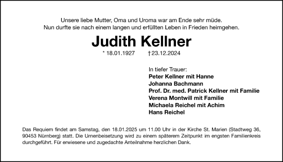 Traueranzeige von Judith Kellner von Gesamtausgabe Nürnberger Nachrichten/ Nürnberger Ztg.